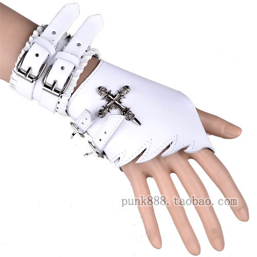 6pcs free shipping Double buckles gloves mens  white leather gloves non-mainstream gloves