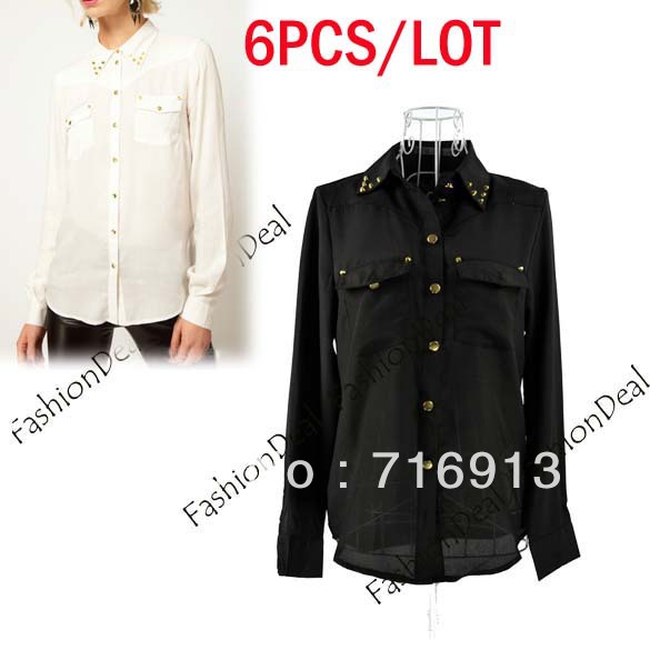 6PCS/LOT 2013 New Fashion Europe Punk Women's Long Sleeve Turn-down Collar Rivet Chiffon Blouse Shirt Free Shipping 11123