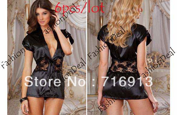 6pcs/lot 2013 New Women's Black Satin Sexy Lingerie Robe Lace Detail and G-String Pajamas Dress Lace Sleepwear Free Shipping2017