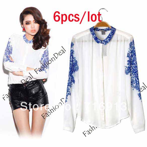 6pcs/lot 2013 New Women's Top Casual  Blue And White Porcelain Chiffon Blouse Shirt Long Sleeve T-Shirt Free Shipping 11115