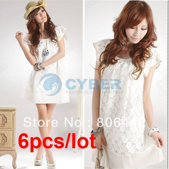 6Pcs/Lot Fashion ladies hollow Flowers elegant Lace Net Mini Cotton White Dress free shipping