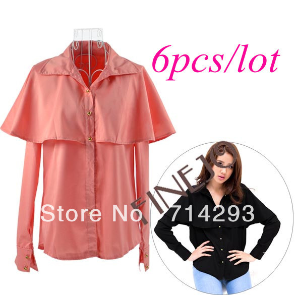 6pcs/lot Korea New Style Wave Mantle Shape Long Sleeve Women's Shirts Tops Blouse 2 Colors FREE SHIPPING 10134