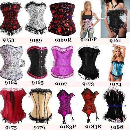 6sets/lot Fashion Sexy Taffeta Satin Corset & Bustier with Lace Up Back and Steel Boned