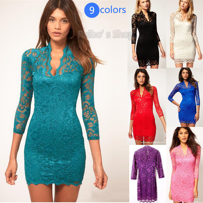 7 Colors Dresses New Fashion 2013 Deep V Lace Dress Womens Doll Club Dresses Bodycon Sexy Tops S M L XL Free Shipping