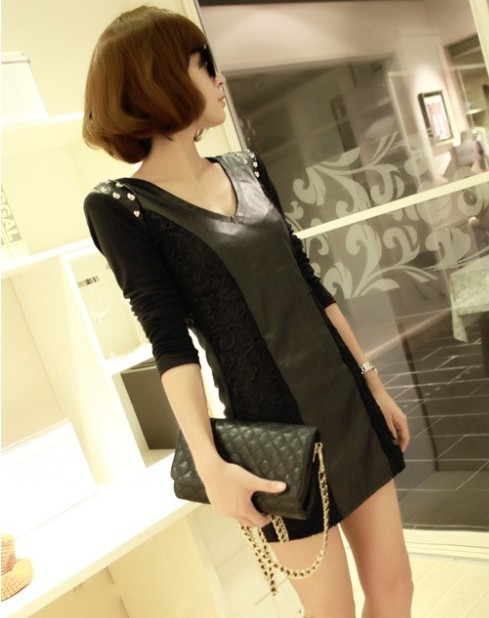 7 fashion autumn and winter slim punk lace patchwork rivet long-sleeve leather one-piece dress