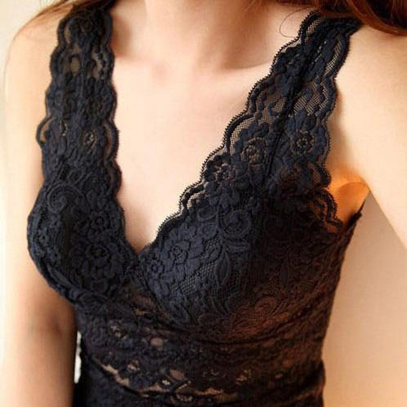 7028 wireless bra spaghetti strap belt pad sexy low-cut V-neck cutout full lace vest