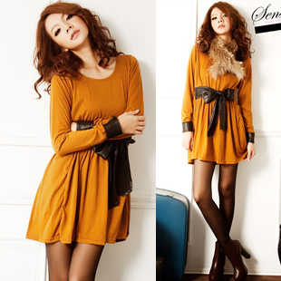 702811 spring women's leather mosaic o-neck long-sleeve loose slim basic shirt one-piece dress