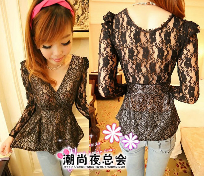 711 women's V-neck sexy lace top 2012 lace long-sleeve top slim autumn fashion