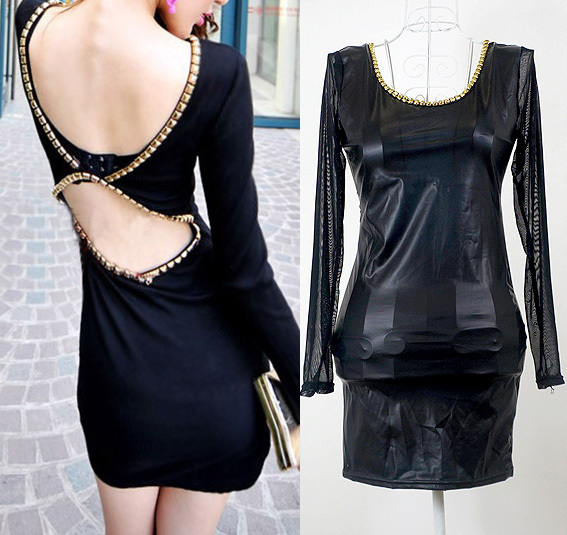 7127 - spring and autumn sexy faux leather gauze sleeve gold chain decoration racerback tight-fitting one-piece dress