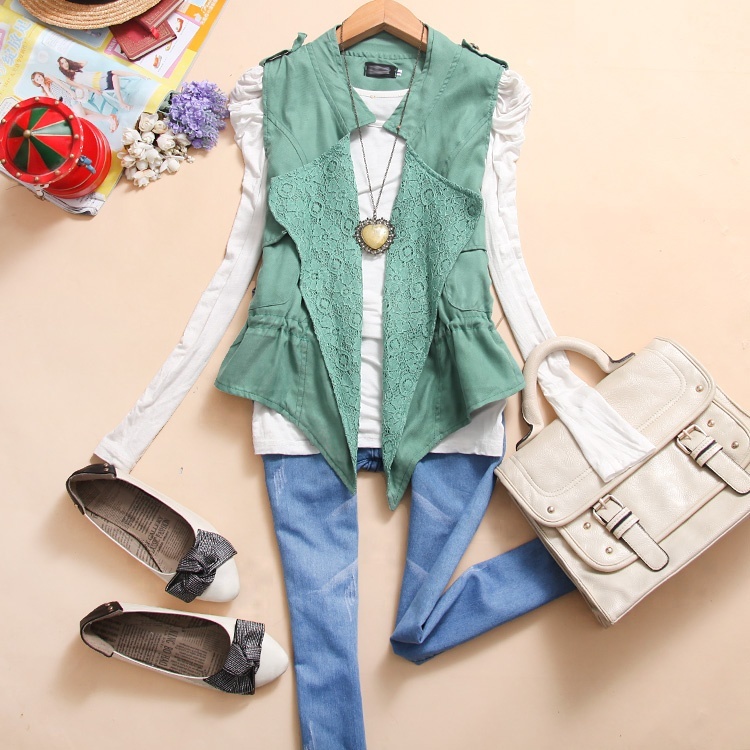 8 Ajn-t614 2012 autumn women's crochet patchwork pocket slim waist vest h-23