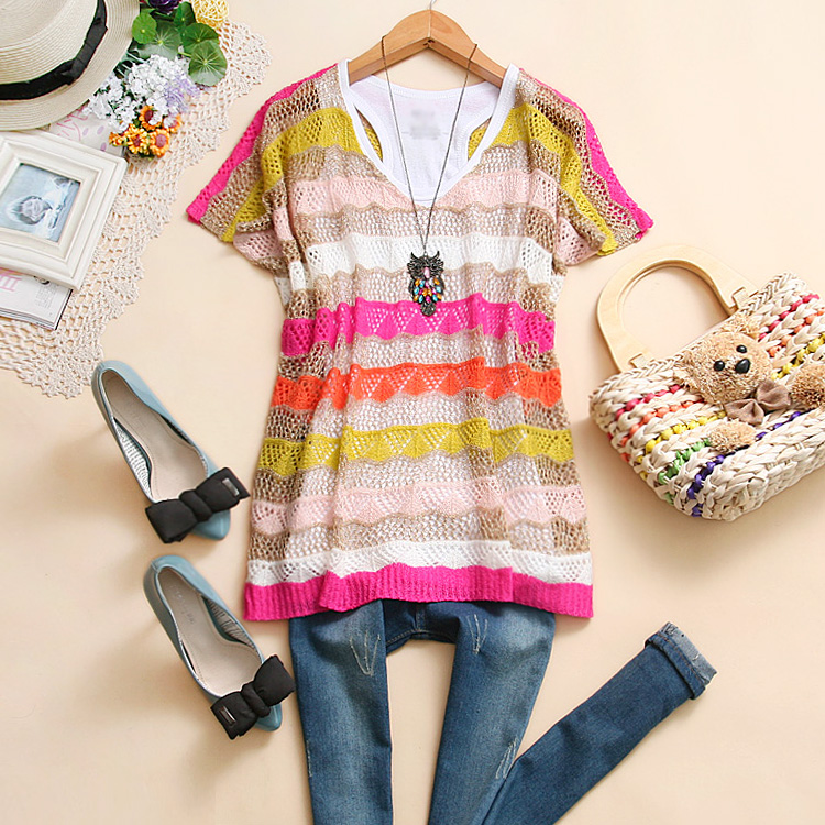 8 Akl-s823 2012 summer female loose chagrin striped sweater shirt g