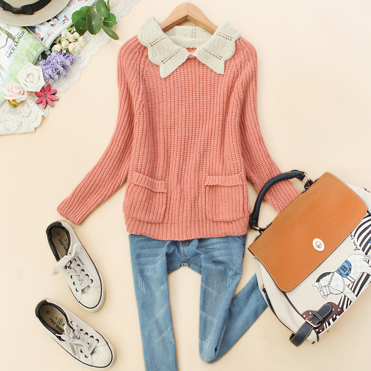 8 Bjy-u003 2012 autumn women's color block decoration turn-down collar loose pocket sweater i-06