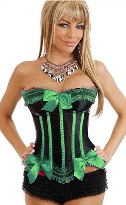 8068BG  -  Intimates , Shapers , Bustiers ,  BLACK & GREEN , French Maid Corset - Overbust Corsets