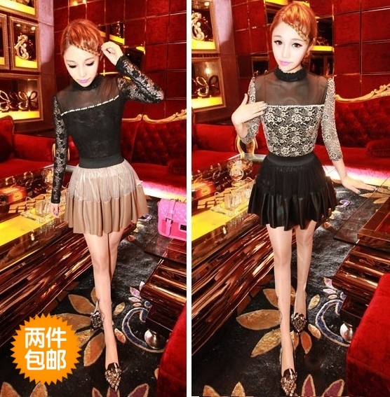 8086 2012 mix match gauze patchwork autumn bust skirt leather skirt