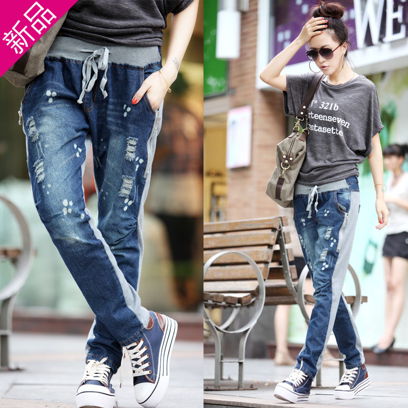 809 2013 new arrival distrressed harem pants denim trousers skinny pants