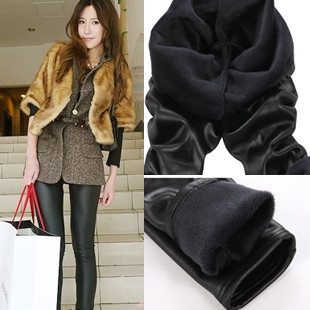 8102 autumn and winter thickening matt faux leather double layer beaver velvet legging warm pants