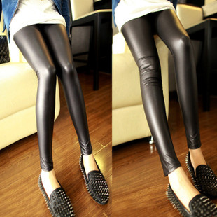 8144 matt faux leather legging velvet thickening autumn and winter cold-proof warm pants leather pants slim ankle length