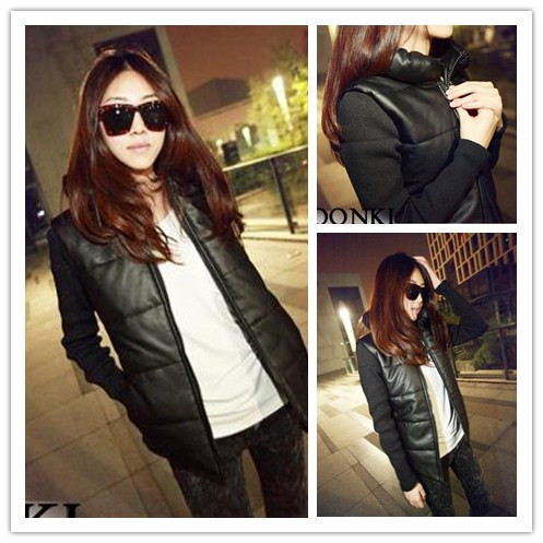 8195 fashion pillow patchwork rib knitting cuff slim leather clothing cotton-padded jacket wadded jacket