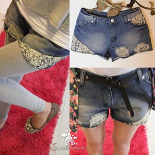 8307 # to do the old hole lace rivets pearl denim shorts