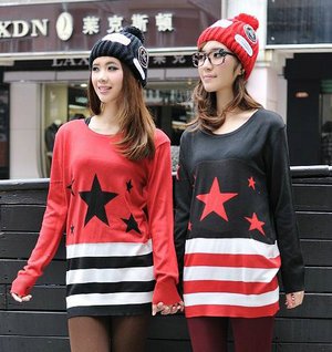 8379 Korean Style Women Pullover Woolen Sweater Stars Printed Stripy Mni Dress Knitting Long Top