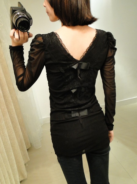 8392 lace decoration bow puff sleeve slim basic shirt t-shirt