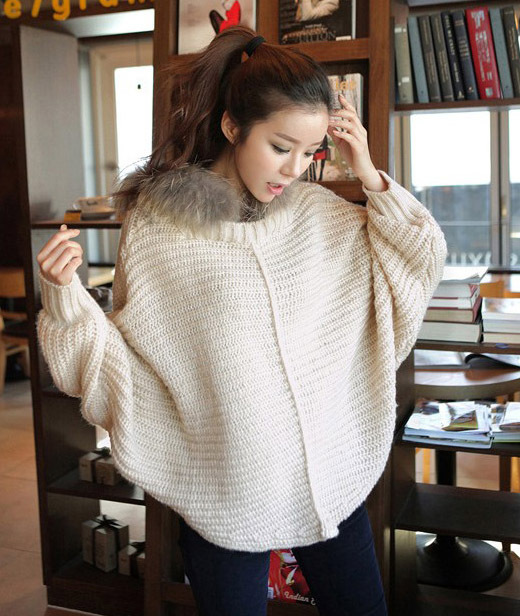 8408 fg259p90 fur collar raccoon fur batwing sleeve pullover sweater outerwear