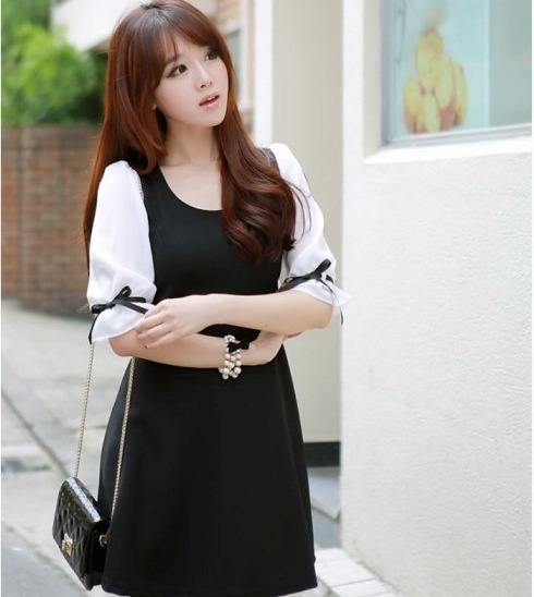 8480 new Japanese women's spring and summer Korean hot models bow chiffon sleeves waist dress 26