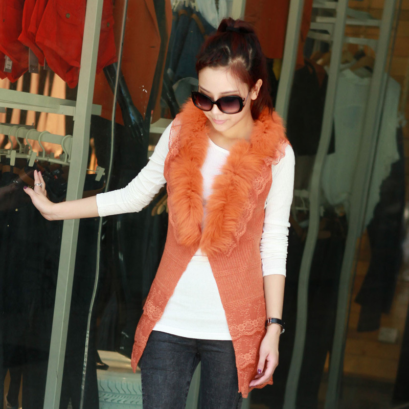 8505-m857p95 fur collar rex rabbit hair lace patchwork sweater vest snap button