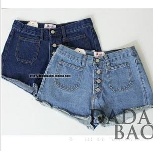 851 # snow patch pocket buckle ladies shorts straight high waist denim shorts, hot pants the same paragraph