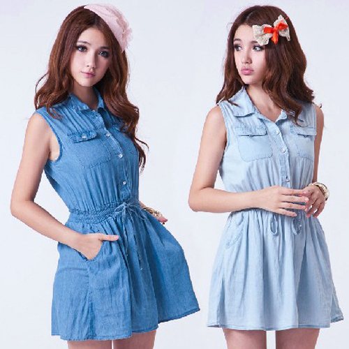 8522 # super-soft washing do old loose adjustable waist drawstring the lace cotton denim dress