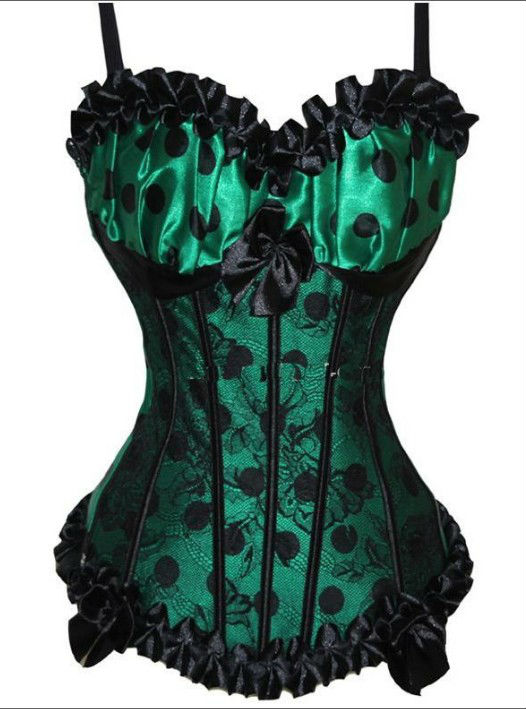 855-sexy green overbust corset tops green with black dot bustier free shipping