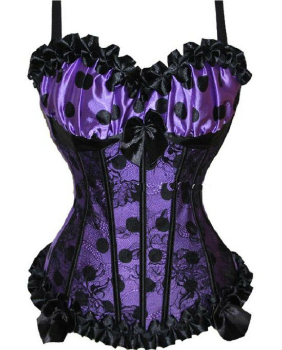 855-sexy purple overbust corset tops purple with black dot bustier free shipping