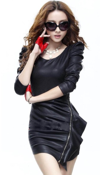 8602 Sexy Dresses Fashion Popular Faux Leather Serpentine Pattern Irregular Zipper Round Collar Dresses 170042