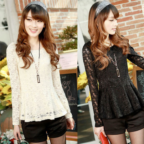 8636 low collar lace basic shirt female long-sleeve chiffon shirt cutout gauze top lace shirt