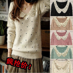 8656 2012 autumn paillette peter pan collar low collar long-sleeve polka dot long shirt knitted sweater