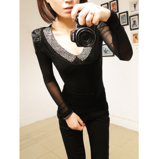 8662 V-neck beading patchwork cutout lace puff sleeve slim gauze long-sleeve basic shirt