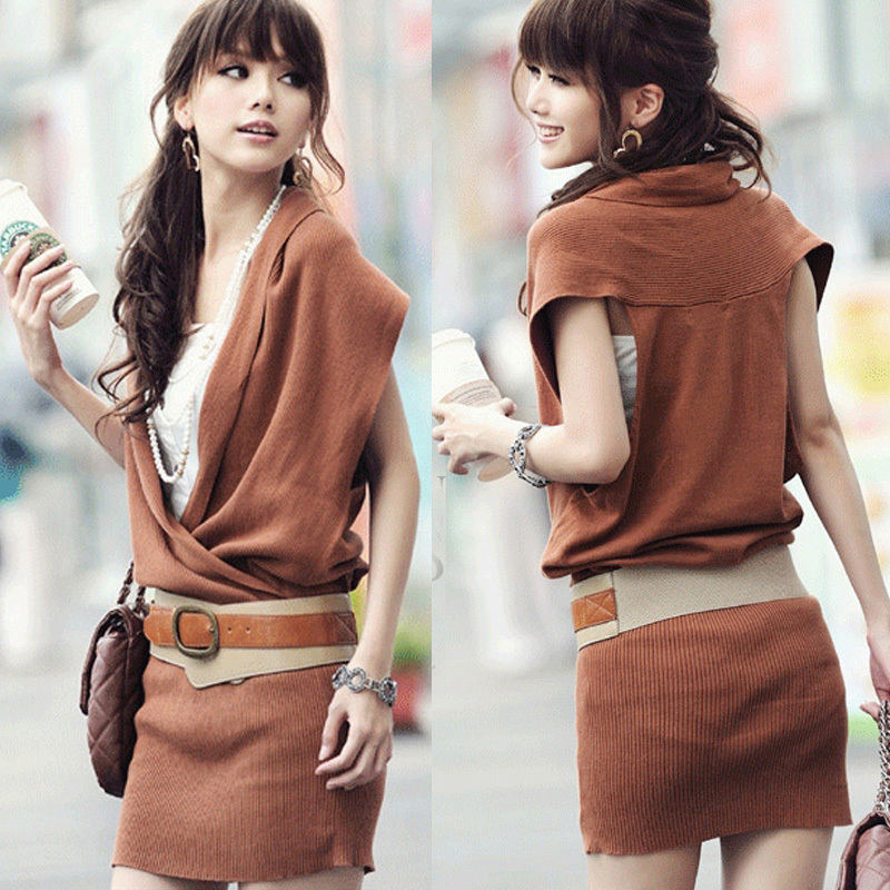 886 2012 autumn and winter women placketing V-neck knitted sleeveless slim hip knit dress sweater belt 5