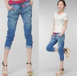 8892 2012 summer new arrival roll up hem knee length denim jeans trousers harem pants harem pants belt