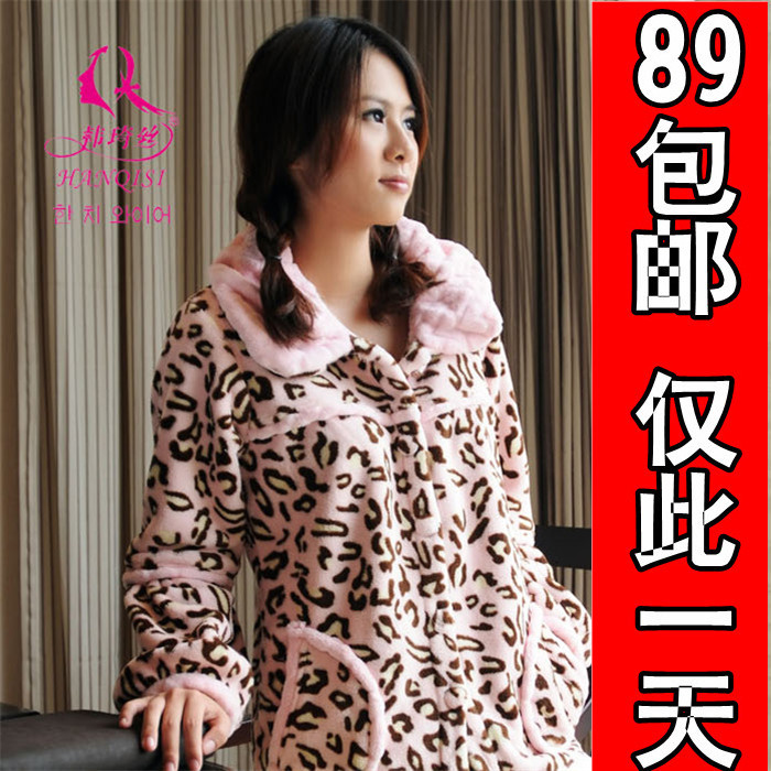 89 women's autumn and winter women's Women winter thickening coral fleece leopard print female sleepwear lounge