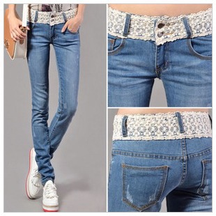 8953 autumn elastic lace skinny pants pencil mere loin pants plus size female denim trousers