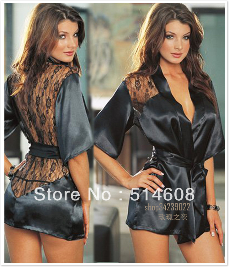 #9026 Fashion sexy sleepwear robe female temptation sleepwear lace cutout loading half-sleeve sleepwear black sexy lingerie