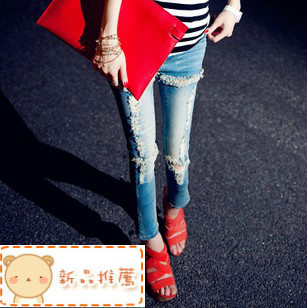 9028 2013 spring handsome female hole lace personalized jeans hemming