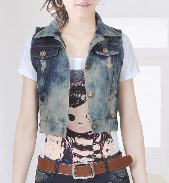 908 new arrival distrressed beading edging bear denim small vest