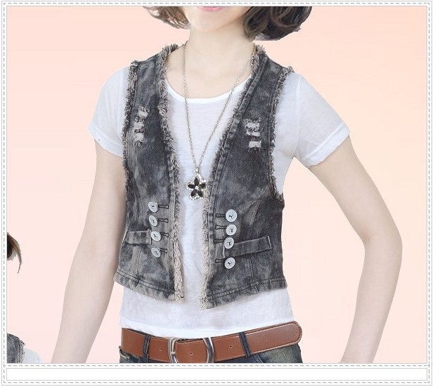 909 new arrival distrressed beading edging bear denim small vest