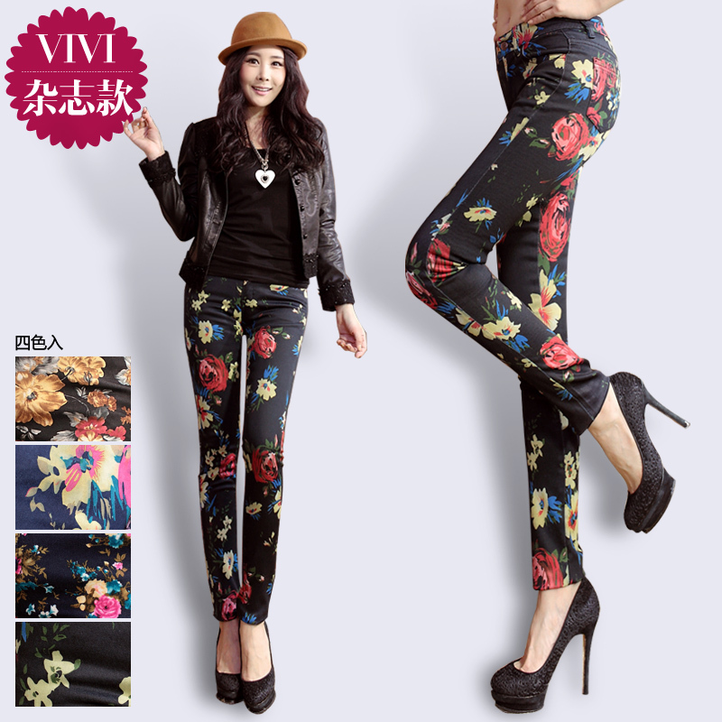 909 vivi autumn and winter print denim trousers female vintage elastic pencil