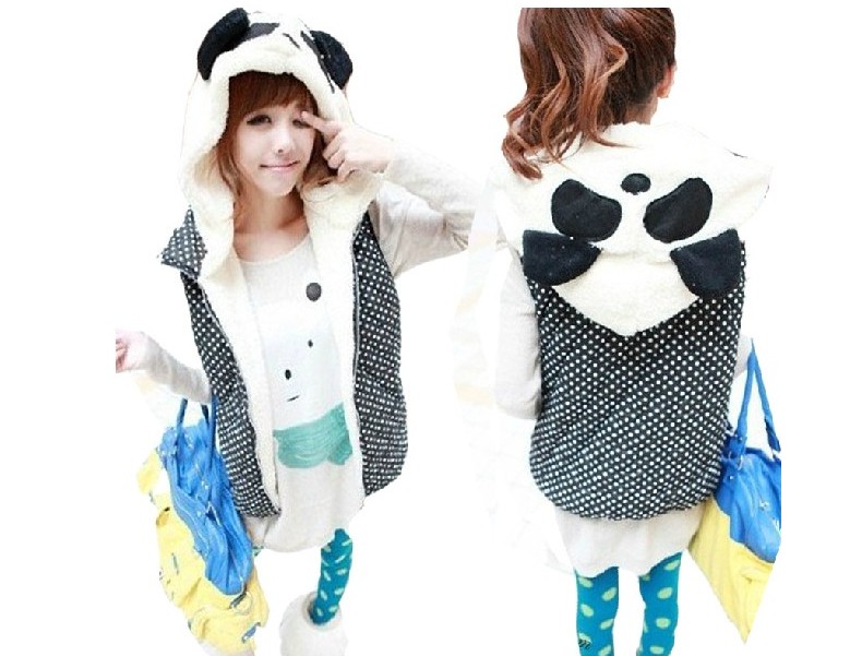 9105 fashion gentlewomen cute panda head with a hood polka dot vest outerwear