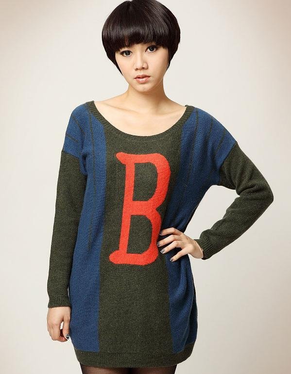 9205 Sexy Women O Neck Letter B Print Woolen Sweater Dress Winter Wear Knitting Long Shirt