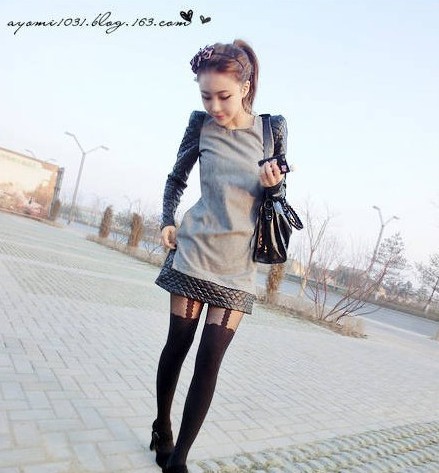 9277 women's patchwork leather shoulder pads long-sleeve dress