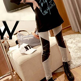 9424 knee irregular faux leather patchwork cotton legging