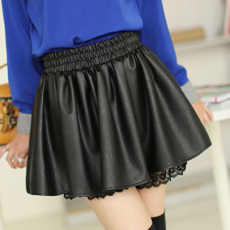 9438 - 1231 - 0.5 2012 winter elegant elastic waist PU expansion skirt puff skirt leather skirt half-length short skirt